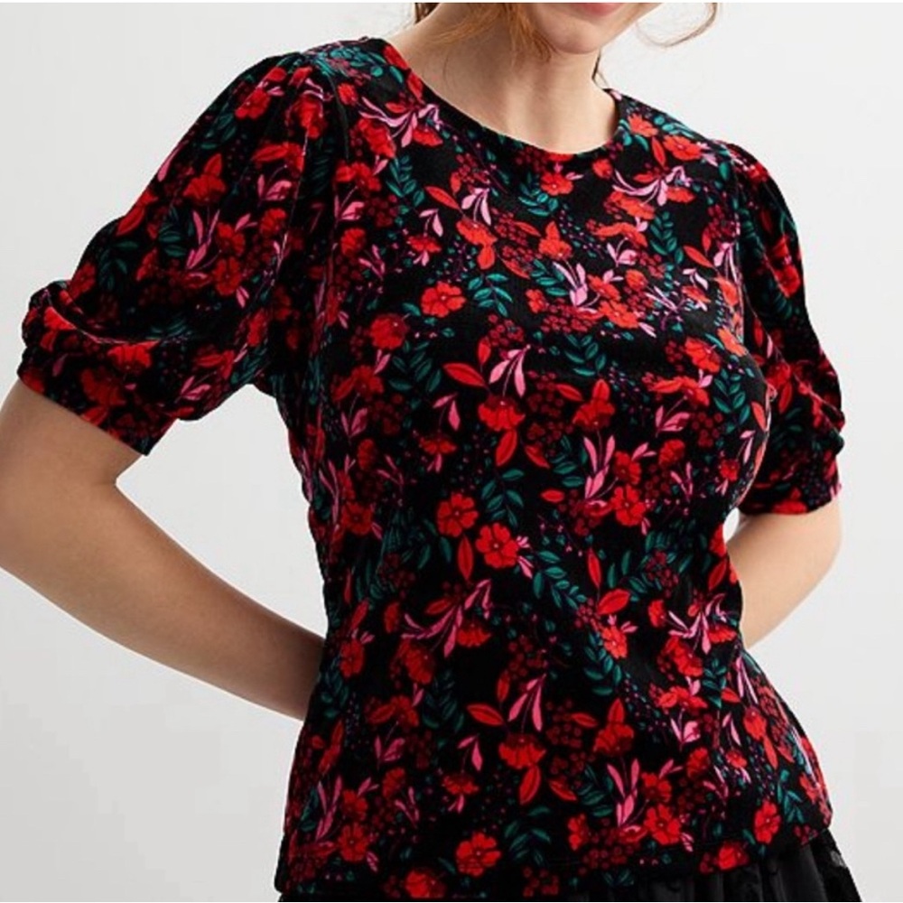 NWT Draper James Red and Black Floral Velvet Blouse